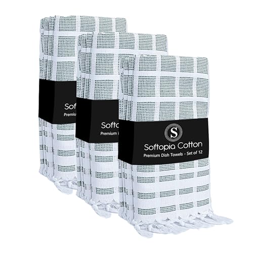 Matrix Dobby Kitchen Towels 12 Pack, 100% Cotton, 16x26 Inches, Reusable Dish Towels with Handmade Tassels, Washable Absorbent Tea Cloths for Cleaning, Cooking - Forest Green, White - color: Pixel Grid, Forest Green, size: 16 X 26 - 12 Pack