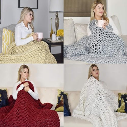 Chunky Knit Blanket (50 x 60 Inches) Warm Soft Cozy for Lounge Sofa & Bedroom, Handmade Knitted Yarn Throw Blanket (White, 1) - color: White