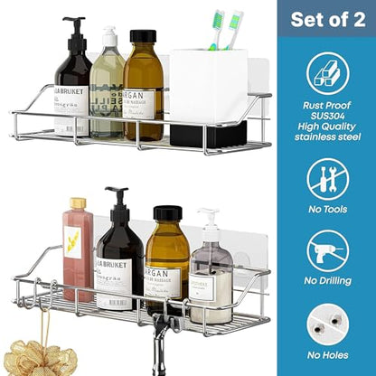 KESOL Adhesive Shower Caddy, Shower Shelf Organizer, SUS304, 2 Pack, Silver | Bathroom Organization with Hooks, Stainless Steel shower shelves - color: Silver
