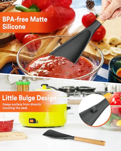 Multifunction Spoon for Nonstick Cookwares, Great for Cooking and Serving, Sturdy BPA-Free Matte Silicone, Wood Handle Spoonula for Mixing, Scoop, and Scrape, Grey(2 pack,11.4" & 13.4") - color: Gray