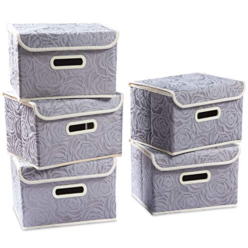 Stackable Storage Boxes with Lids [5-Pack] Fabric Decorative Storage Bins Cubes Organizer Containers Baskets with Cover Handles Divider for Bedroom Closet Living Room Grey 9.8x7.9x6.7 Inch - color: Gray, size: Small(5-Pack)