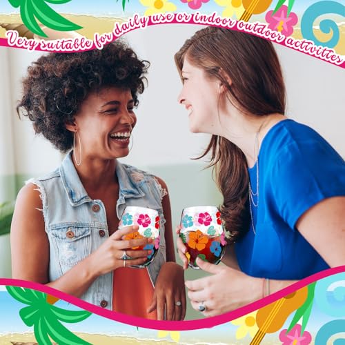 Sliner 2 Pack 17oz Summer Hawaiian Stemless Wine Glasses Aloha Stemless Wine Glass Luau Colorful Flowers Leaves Tumbler Cups for Hawaiian Tiki Party Supplies Birthday Gift - style: Hawaiian