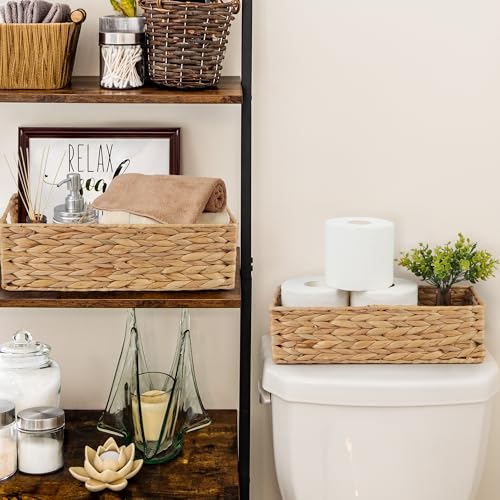 LotFancy Bathroom Basket, 2 Pack Water Hyacinth Toilet Paper Basket, Hand Woven Back of Toilet Organizer for Toilet Tank Top Countertop, Wicker Baskets for Shelves