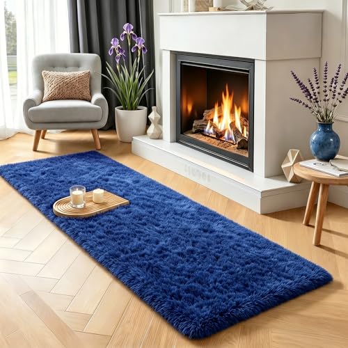 Navy Blue Rugs for Bedroom, Living Room 2x6 Ft, Fluffy Runner Rugs | Plush Hallway Carpet, Soft Shaggy Long Bedside Rugs, Floor Boys Room Dorm Rug Kids Nursery Playroom Navy Room Decor Aesthetic - color: Light Navy, size: 2' x 6' (Runner)
