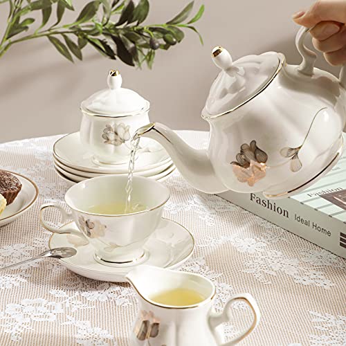 CHENP.HMC Porcelain Ceramic 22-Piece Tea Set, Teapot and Cup Set, 30.7 Ounces, for 6, Gift Sets, Tea or Coffee Lovers, Wedding, Birthday - color: Flower