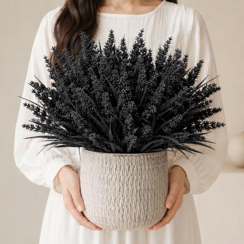 Geegoods 24 Bundles Artificial Black Flowers Outdoor, UV Resistant | Faux Lavender Plants with Monkey Grass for Halloween Porch Window Box Patio Hanging Planter Garden Decor - color: Black, size: 24PCS