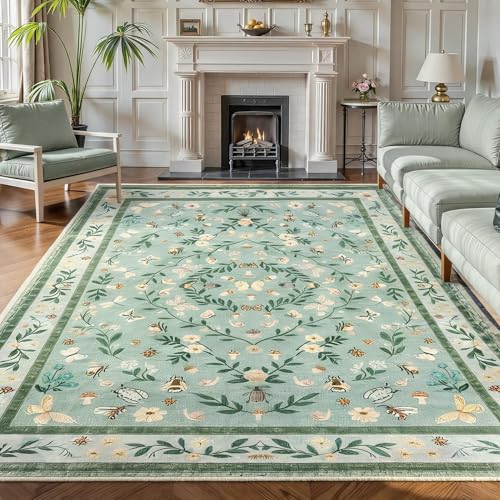 GarveeHome 8x10 Large Living Room Rug Machine Washable Low Pile Insect Rug | Vintage Stain Resistant Botannical Floral Area Rug for Bedroom Home Office Dorm Kidsroom Non Slip Soft Indoor Carpet, Green - color: Green, size: 8'x 10'(Rectangular)