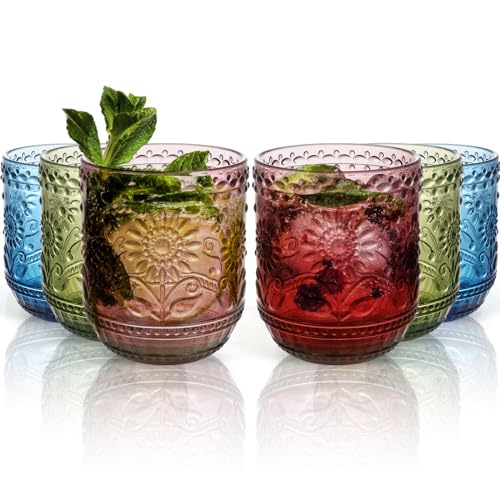 Glass Cups, Vintage Glassware Drinking Glass Set of 6, 12oz Colored Glassware with Sunflower Design, Embossed Floral Decorative Glasses Drinking Set for Cocktail, Wine, Vintage Drinking Glasses - color: Multi Color 6PCS