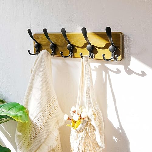 Wall Mount Coat Hanger - Heavy-Duty Robust Barnwood-Style Wooden Hook Rail with 5 Triple Hooks for Winter Coats, Hats, Jackets, Weathered Green & Black - color: Weathered Green & Black, size: L=17.4"