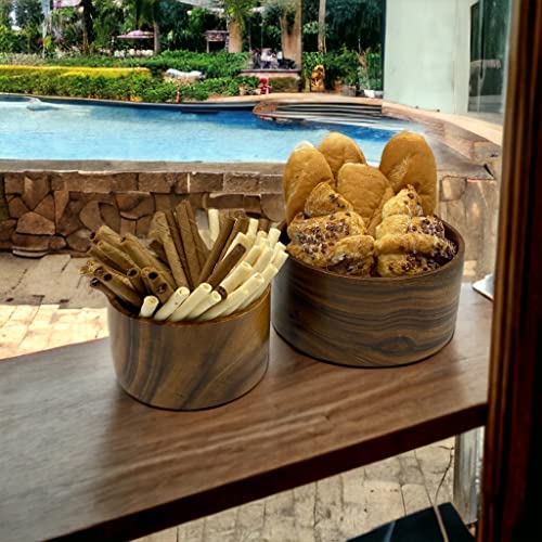 Acacia Wood Bowl Set of 2, Artisan Hand-Turned Cylindrical, 8" & 6" Bowls | Solid joint-free acacia wood bowls with continuous grain, handcarved for salad, fruit, bread, serving food 8 x 4 & 6 x 3.5 in