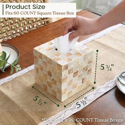 5.5" Tissue Box Cover Square, Capiz Shell Tissue Holder, Ivory | Bottom Slider, Checkerboard Cube Tissue Box Holder For Kleenex, Neutral Beige Square Tissue Box Cover Bathroom, Coffee Table - color: Ivory