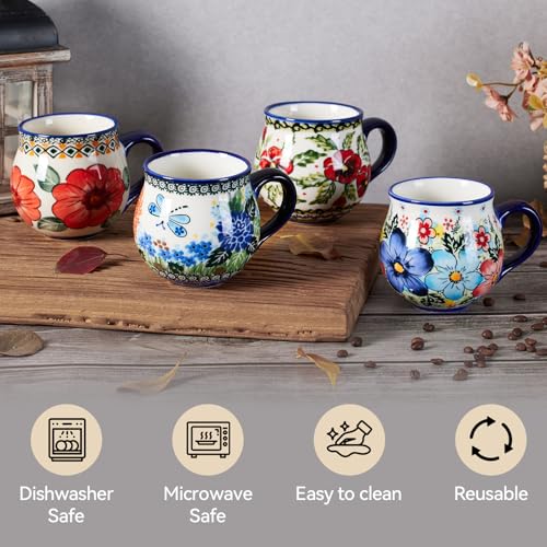 13oz Ceramic Coffee Mug, Hand-Painted Floral Polish Pottery Style Cup, Large Stoneware Tea Mug with Handle, Microwave & Dishwasher Safe (Flower A) - color: Flower A