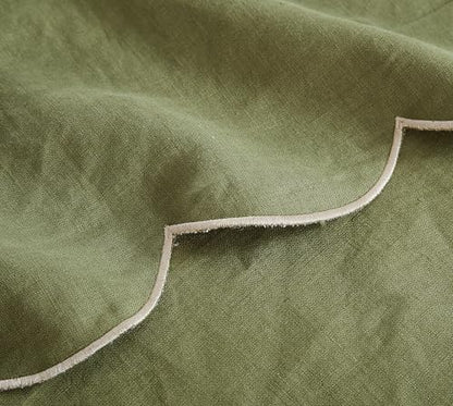 100% French Flax Linen Tablecloths Scalloped Embroidery Rectangle 84Lx60W Inch for Dinners, Parties, Spring, Easter, Machine Washable, 6-8 Sets, 60''x84'', Olive Green(Edges-Gold) - color: Olive Green(edges-gold), size: 84" x 60" (Rectangular)