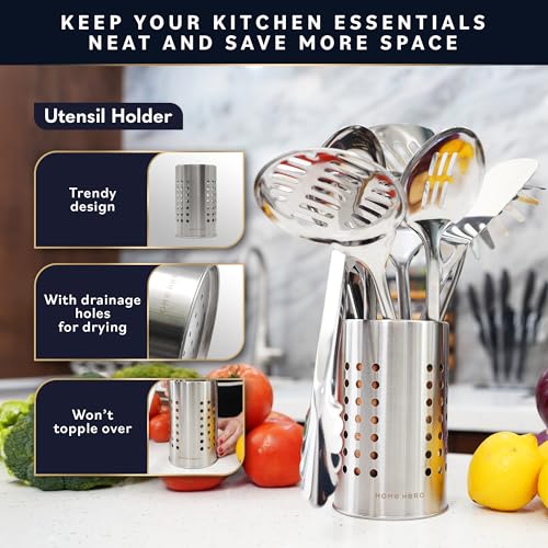 Home Hero 10-Piece Stainless Steel Kitchen Utensil Set with Wooden Handle | Ergonomic Wood Handle Stainless Steel Kitchen Utensils - Rust-Resistant, Nonstick Safe with Storage Holder (10-Piece) - size: 10 pieces