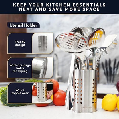 Home Hero 10-Piece Stainless Steel Kitchen Utensil Set with Wooden Handle | Ergonomic Wood Handle Stainless Steel Kitchen Utensils - Rust-Resistant, Nonstick Safe with Storage Holder (10-Piece) - size: 10 pieces