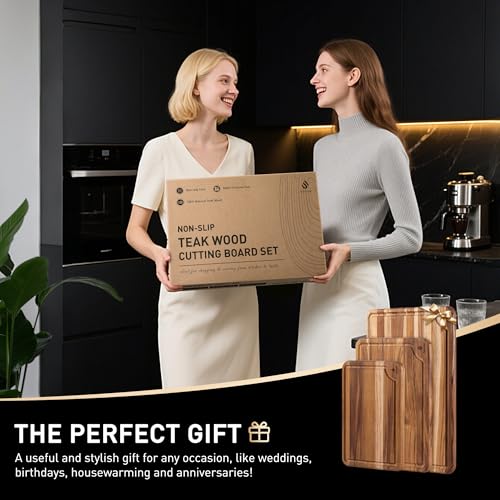 Teak Wood Cutting Board Set for Kitchen High-End Non Toxic Non Slip Over Sink Solid Thick Wood Haus Chopping Board Extra Large Big Small Best Kitchen Essential House Warming Hostess Host Gift - style: Set of 3