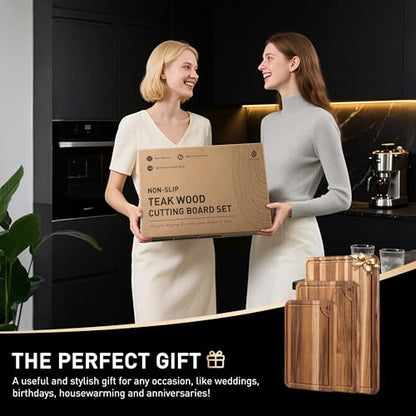 Teak Wood Cutting Board Set for Kitchen High-End Non Toxic Non Slip Over Sink Solid Thick Wood Haus Chopping Board Extra Large Big Small Best Kitchen Essential House Warming Hostess Host Gift - style: Set of 3