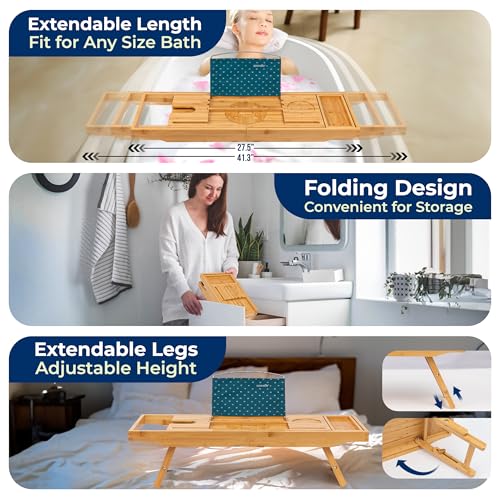 SereneLife 2 in 1 Bed and Bath Tray - Foldable Bamboo Bathtub Caddy with Adjustable Length, Non-Slip, Device Holder, Wine Glass Slot, Expandable for Comfortable Bathing, Natural, Standard, Folding Set