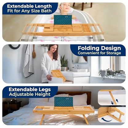 SereneLife 2 in 1 Bed and Bath Tray - Foldable Bamboo Bathtub Caddy with Adjustable Length, Non-Slip, Device Holder, Wine Glass Slot, Expandable for Comfortable Bathing, Natural, Standard, Folding Set