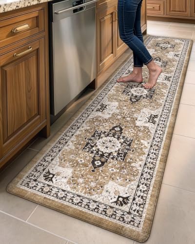 DEXI Kitchen Floor Mats Cushioned Anti Fatigue Runner Rug 23x107 Brown | Long Soft Comfort Memory Foam, Easy Care, Waterproof, Standing Padded for Front Sink Laundry Office - color: Brown/White, size: 107"L x 23"W x 0.4"Th