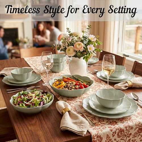 Sango 12 Pieces Scalloped Dinnerware Set, Sage Green Dishes for 4, Premium Serving Plates & Bowls Sets, Chip Resistant, Ceramic Dishware, Kitchen Dish, Microwave & Dishwasher Safe, Bethany - color: Sage Green, size: 12-Piece Set