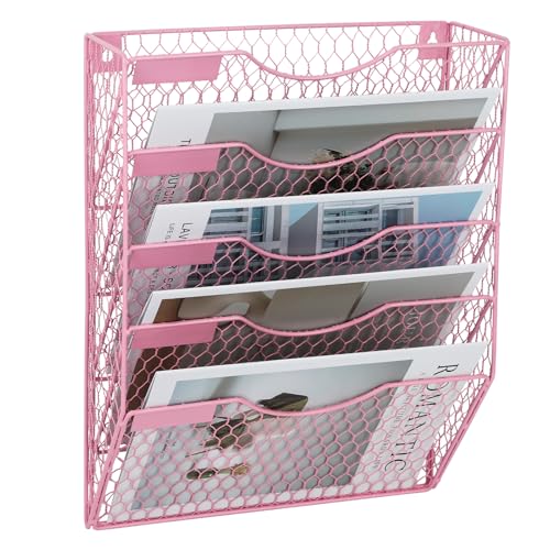 Mail Organizer Wall Mount Hanging File Holder Storage, Metal Chicken Wire Magazine Rack 5 Tier, Pink - color: Pink, size: 5 Tier