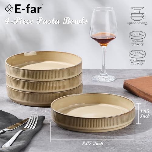 E-far Pasta Bowls Set of 4, 35oz Large Salad Bowl Plate for Dinner Serving, Wide & Shallow Ceramic Stoneware Pasta Plate, Microwave & Dishwasher Safe, Reactive Glaze Textured Stripe, Caramel Khaki - color: Caramel Khaki