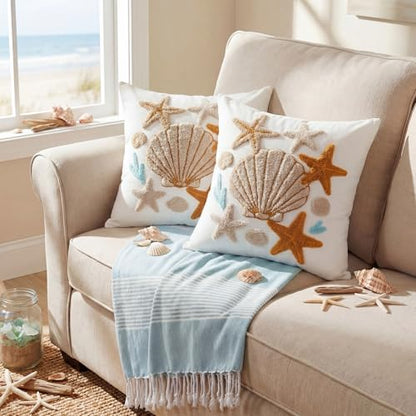 Moukeren 2 Pcs Seashell Starfish Throw Pillow Cover 18 x 18 Inch Summer Coastal Nautical Embroidered Decorative Pillow Cases Beach Ocean Square Cushion Cover for Sofa Couch Bedroom Decor Gift - style: Starfish Shells