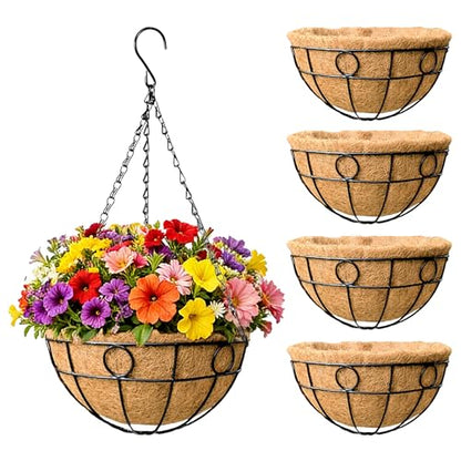 EIMQUVW Outdoor Hanging Planter(4-Pack) Black Metal Hanging Baskets with Coconut Fiber Lining 14 inch Round Chain Flower Pots for Patio Garden Greenery Decoration - size: 14 Inch, style: Circular