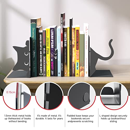 Book Ends Decorative,ENCIMART Book Ends,Metal Bookends,Book Holders for Shelves,Office Decorative Bookends,1.5mm Thickened Book Ends,Bedroom Library Office School Book Desktop Organizer Gift（Cat） | 1.5mm Metal Bookends for Heavy Books, Book Stoppers Desk