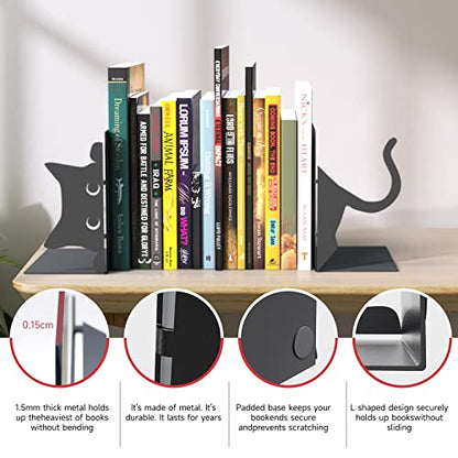 Book Ends Decorative,ENCIMART Book Ends,Metal Bookends,Book Holders for Shelves,Office Decorative Bookends,1.5mm Thickened Book Ends,Bedroom Library Office School Book Desktop Organizer Gift（Cat） | 1.5mm Metal Bookends for Heavy Books, Book Stoppers Desk