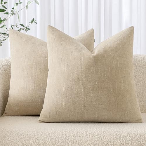MIULEE Textured Chenille Throw Pillow Covers 18x18 Inch Beige | Pack of 2 Decorative Soft Throw Pillows, Solid Textured Cushion Covers, Modern Home Decor for Couch Sofa Bedroom Living Room - color: Beige, size: 18" x 18" (Pack of 2)