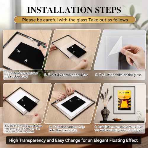 13x10'' Floating Picture Frame with Crystal Clear Glass, Modern Glass Floating Frame for theater bill, Photos, Artwork, Tickets & Pennants, Metal See Through Picture Frames for Wall Display