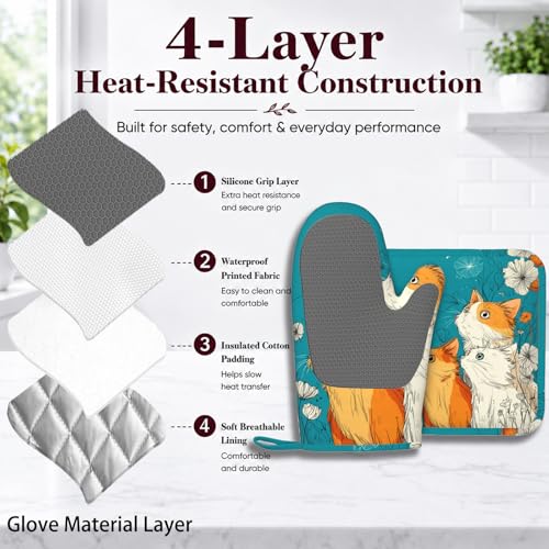 Cute Cat Kitten Oven Mitts and Pot Holders Sets Non-Slip Silicone Surface for BBQ Gloves,Kitchen,Cooking,Baking,Grilling - color: Cute Cat Kitten