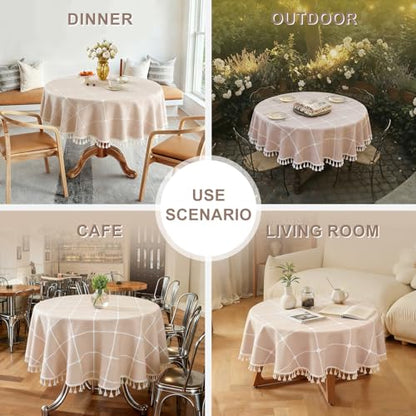 Laolitou Waterproof Tablecloths Rustic Lattice Tablecloth Cotton Linen Coffee Table Cloths for Kitchen Dining,Party,Holiday,Christmas,Buffet, Round, 55", 2-4 Seats - color: Coffee Plaids, size: 55" (Round)
