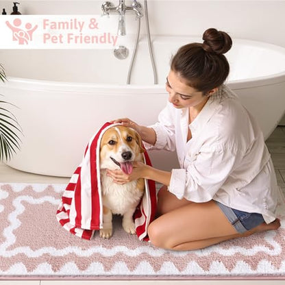 Findosom Bathroom Rugs Sets 5 Piece, Absorbent Soft Non-Slip Bath Rug Set | Washable Microfiber Shaggy Bath Mat Set with Bathroom Runner Rug, U-Shaped Toilet Rugs, Shower Rug & Toilet Lid Cover, Pink - color: Pink & White, size: 18"x26"+20"x32"+20"x48"+U
