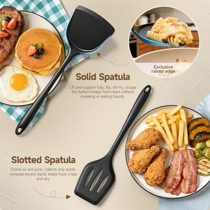 2-Pack Silicone Spatula Set, Heat Resistant Spatulas for Baking & Mixing, BPA-Free Solid & Slotted Turner for Non-Stick Pans, Kitchen Utensils for Scraping, Sauteing and Flipping (Black) - color: Black