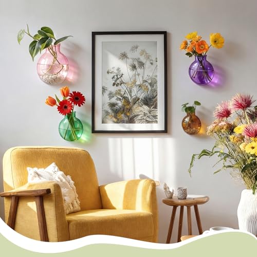 4 Pcs Stained Glass Hanging Vase 2-4 Inch Hanging Glass Plant Propagation Station Small Plant Terrarium Pot Containers with Rope for Hydroponics Planter Garden Home Indoor Outdoor Decor, 4 Sizes