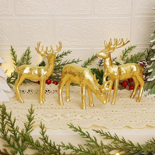 Lulu Home 3 PCS Christmas Tabletop Decorations, Resin Reindeer Peer | Golden Reindeer Figurines, Diverse Postures, Xmas Holiday Winter Centerpieces Ornaments for Mantel Shelf Sill Decor - style: 3 Peers