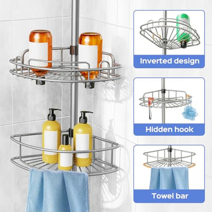 HAMITOR Shower Caddy Tension Pole: 4-Tier Corner Rustproof Bathroom Organizer - No-Drill Adjustable Shower Shelf for Renters - Floor to Ceiling Family Apartment Storage Rack - 47-121 Inch Silver Gray