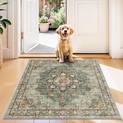 3x3 Washable Rug: Area Rugs for Kitchen Bedroom Bedside Bathroom Entryway | Non Slip Rug with Rubber Backing Low Pile Ultra Soft Stain Resistant Small Carpet Waterproof Easy-Clean Area Rug (Green, 3x3) - color: Green, size: 3' x 3' (Square)
