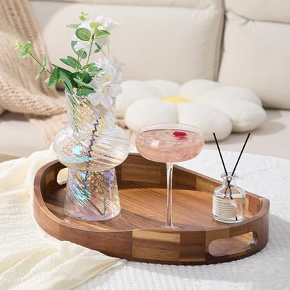 Acacia Wood Serving Tray with Handles - 17'' x 13'' Round, Decorative Ottoman Trays for Breakfast, Home Decor, Tea Party, Coffee Table, Candle Display, Kitchen Counter Board