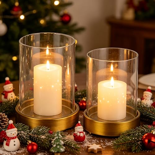Set of 2 Glass Hurricane Candle Holders for Pillars with Minimalism Metal Base in Antique Brass, Glass Candle Holder, Centerpiece, for Weddings, Dinner Parties, Dining Tables, Console Tables, Mantels - color: Antique Brass