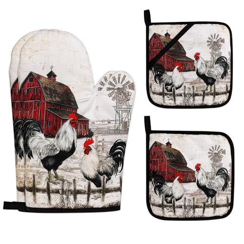Rooster Print Oven Mitts and Pot Holders Sets of 4 Rustic Chicken Kitchen Mitts Potholders Heat Resistant Farmhouse Cute Oven Gloves Hot Pads for Chicken Kitchen Decor - color: Red Beige