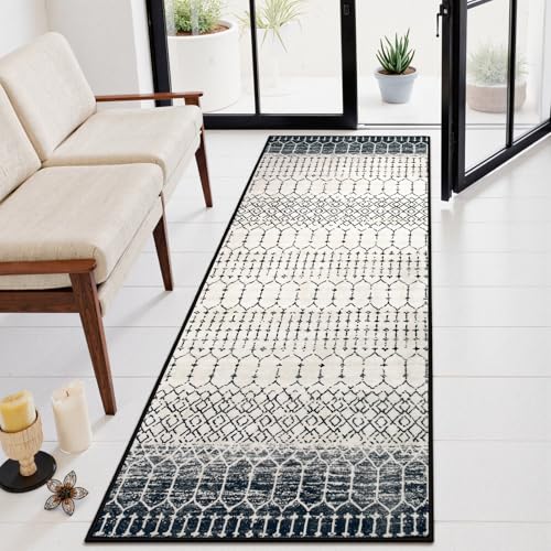 Lahome Moroccan Washable Runner Rug 2x6, Black Stain Resistant Non-Slip Kitchen Rug Runner, Ultra-Thin Geometric Print Distressed Floor Carpet for Entryway Laundry Bedroom Hana - color: Black/Cream, size: 2' x 6' (Runner)