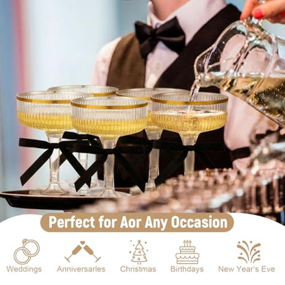 Set of 24 Plastic Champagne Coupe Glasses with Bow 7 oz Gold Champagne Tower Set Stackable Acrylic Ribbed Martini Glasses Cocktail Coupe Cup for Wedding Birthday Party Bar(Bowknot,Black) - color: Black, style: Bowknot