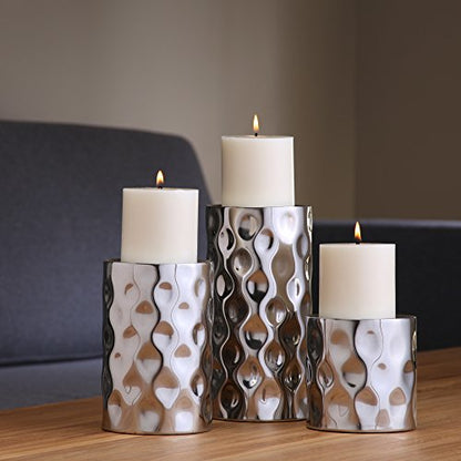 Hosley Set of 3 Silver Pillar Candle Holders – 3", 5", 7" High Decorative Metal Stand with Modern Pebble Pattern Design for Wedding Centerpieces, Holiday Décor, Parties, Table Accents - size: 3 Count (3" High, 5" High, 7" High)
