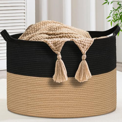 XXXLarge Woven Cotton Rope Basket (21.7" x 13.8") – Blanket Basket for Living Room, Laundry Hamper, Baby Laundry Hamper, Toy Storage, Pillows & Cushions Organizer (Black&Brown) - color: Black&Brown