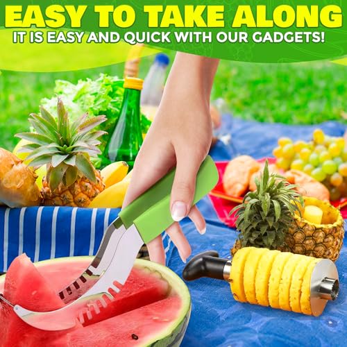 9 Pcs Fruit Slicer Set – Pineapple Corer and Slicer, Watermelon Cutter, Strawberry Huller, Apple Cutter, Avocado, Kiwi Tool and More – Stainless Steel Fruit Cutting Tools for Summer Parties and BBQs