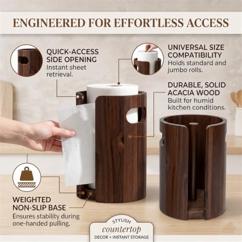 Wooden Paper Towel Holder Countertop, Weighted Base Acacia Wooden Kitchen roll rack with splash guard, and non-slip design, One-Hand Tear Design, Farmhouse Paper Towel Stand for Kitchen, Apartment, RV